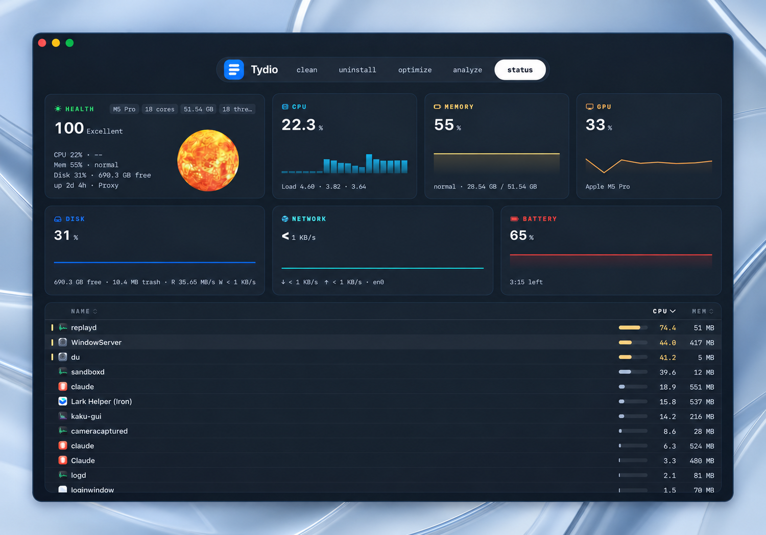 Status dashboard with CPU, memory, GPU, disk, network, battery, and processes